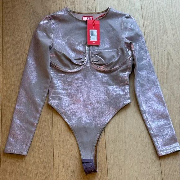 Diesel Metallic Bustier Bodysuit NWT | Sculpted Cup Long Sleeve Statement $695 - Picture 3 of 9